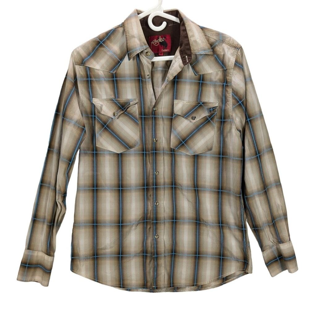 Rodeo Clothing Co Pearl Snap Shirt Mens Medium Brown Blue Plaid Western Cowboy